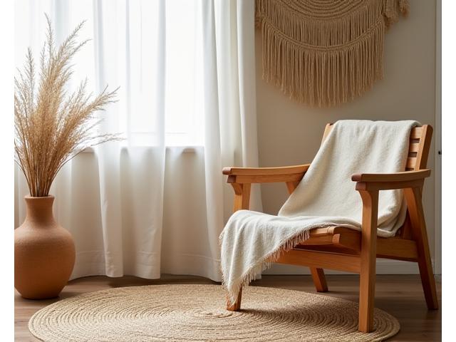 Handcrafted wooden furniture and natural textiles in a bright room.